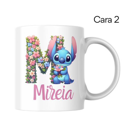 Taza Personalizada Stitch con Nombre y Floral