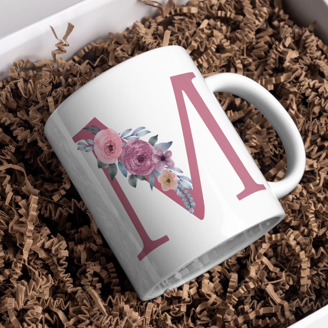 Taza Inicial con Flores Malva Acuarela