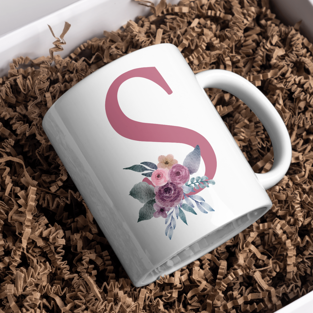 Taza Inicial con Flores Malva Acuarela