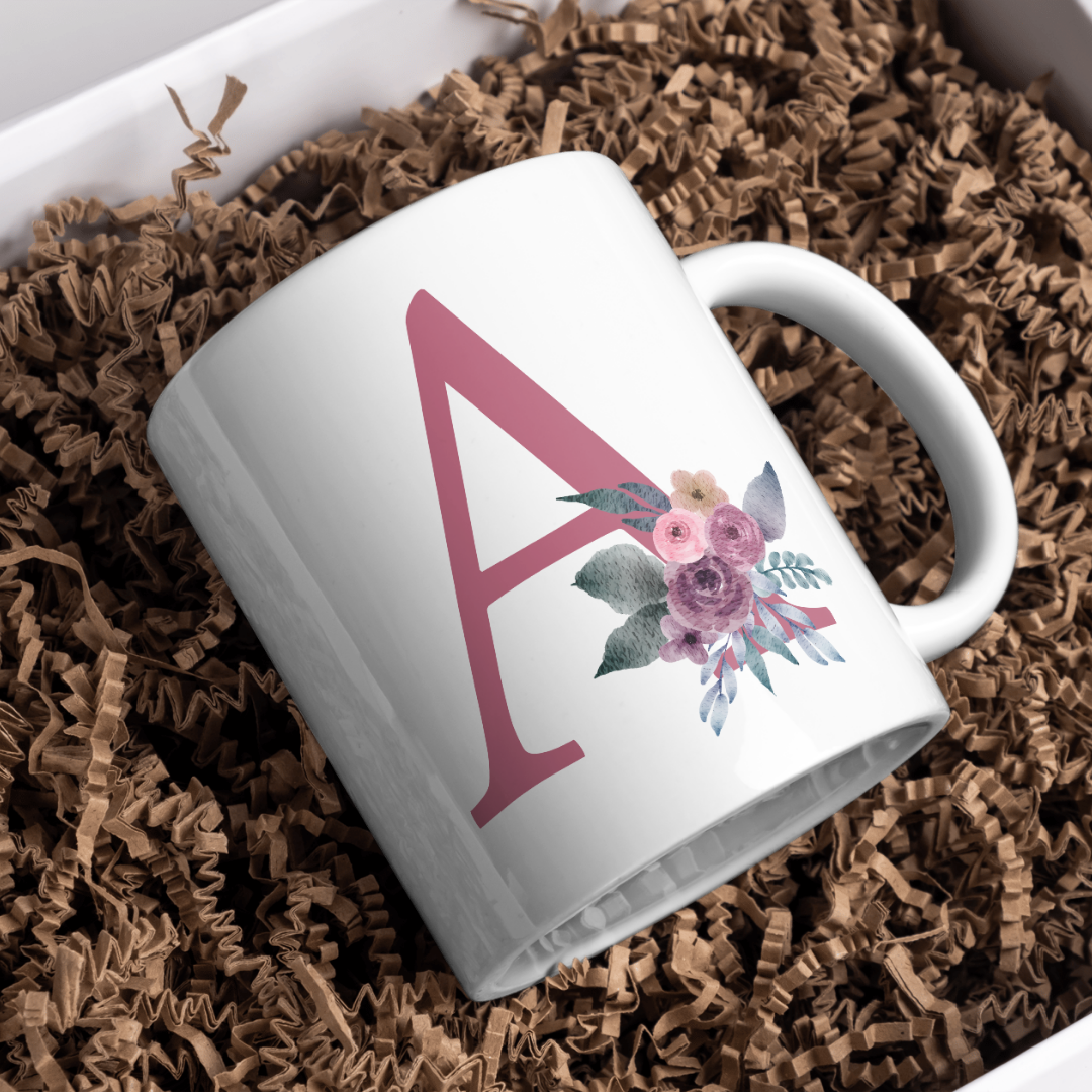 Taza Inicial con Flores Malva Acuarela