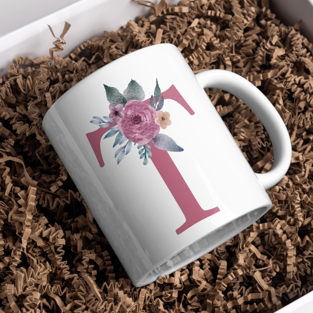 Taza Inicial con Flores Malva Acuarela