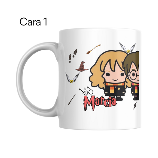 Taza Personalizada Harry, Ron y Hermione Kawaii con Nombre - Cerámica 350ml